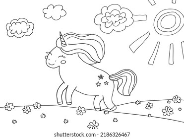 Cute coloring book with a unicorn on a field of flowers, clouds, sun, isolated background.