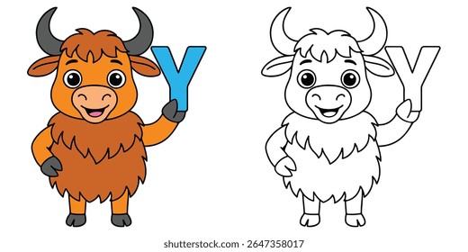 Cute Coloring Book Yak Cartoon Holding a Y Alphabet Letter Illustration