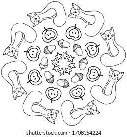 Cute coloring books for children. Autumn nature round frame in doodle style in vector. Anti stress coloring page with small details.