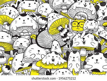 Cute coloring for kids with Cats and Mushroom