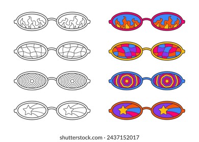 Linda página para colorear, gafas de sol ovaladas hippie estilo años 70. Colores retro y elementos de garabato de contorno sobre un fondo blanco, una ilustración simple para niños. Imprimir con cheque, estrellas y fuego.