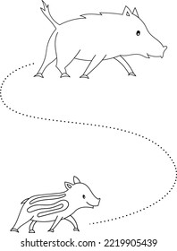 Cute coloring page and activity for kids with cartoon baby and mother wild pig. Cartoon vector illustration for children isolated on white background.