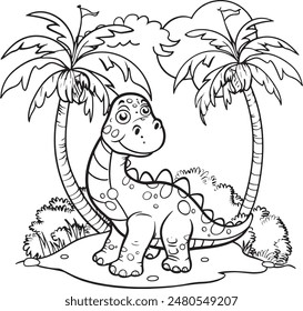 Cute coloring page book with dinosaur and palm trees