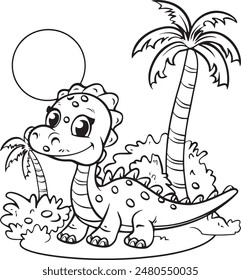 Cute coloring page book with dinosaur and palm trees