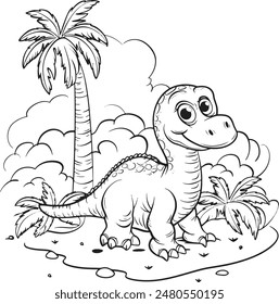 Cute coloring page book with dinosaur and palm trees