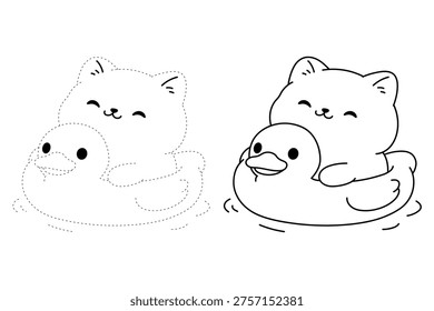 Cute Coloring Page of a Cat Inside a Rubber Duck Floatie, Adorable Kitty Floating in a Pool, Whimsical Summer Black and White Line Art Illustration for Kids and Adults. Kawaii Cat in Duck Pool Float Coloring Page, Fun Summer Printable Outline Illustration for Relaxing Activity.