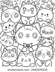 Cute Coloring page cats cartoon, kawaii ,style 