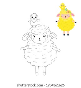 Cuidada página de coloreado para niños. Un cordero de Pascua sostiene una gallina en la cabeza.