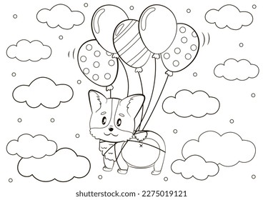 Cute coloring page with cute corgi puppy character floating tied to heart balloons and clouds around, printable game for kids, black and white doodle for children