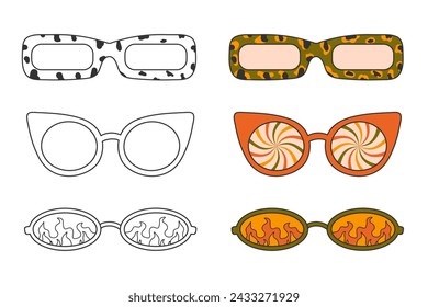 Cute coloring page, different hippie sunglasses in 70s style. Vintage retro colors and outline doodle elements on white background, simple illustration for children. Print with leopard, stripes, fire.