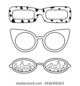 Lindas páginas para colorear, diferentes gafas de sol hippie en estilo de los años 70. Contorno de elementos de garabato sobre un fondo blanco, una ilustración simple para los niños. Imprimir con leopardo, rayas, fuego.