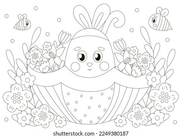 Página de coloreado lindo para la Pascua con el personaje conejito en paraguas con flores de estilo escandinavo con abejas, juego imprimible para los niños