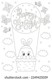 Cute coloring page for easter holidays with buuny character flying in hot air balloon in scandinavian style, printable game for kids, black and white doodle for children