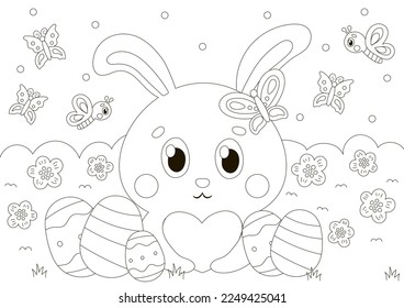 Cute coloring page for easter holidays with bunny character holding heart and eggs around in scandinavian style, printable game for kids, black and white doodle for children