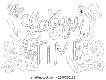 Cute coloring page for easter with  scandinavian style lettering and butterfliy chatacters, printable game for kids