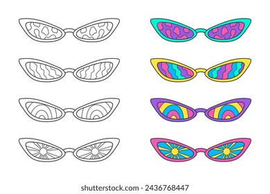 Cute coloring page, elegant 70s style hippie sunglasses. Neon bright colors and contour doodle elements on a background, a simple illustration for children. Print with stripes, sun and lava lamp.