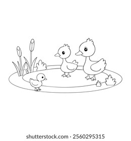 A cute coloring page featuring ducklings swimming in a pond, surrounded by lily pads and flowers. Perfect for kids to enjoy coloring these adorable, fluffy creatures!