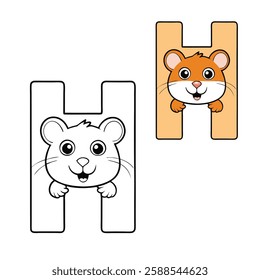 A cute coloring page featuring the letter "H" intertwined with a friendly hedgehog. Perfect for kids, with clear lines for easy coloring and a fun, nature-inspired design.