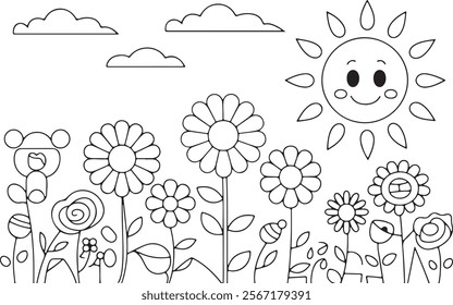 cute coloring page with garden flowers and a cartoon sun.kids coloring page lineart design.