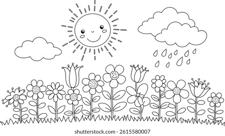 cute coloring page with garden flowers and a cartoon sun.