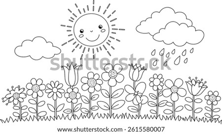 cute coloring page with garden flowers and a cartoon sun.