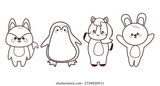 cute coloring page of hand drawn cartoon animals for kids coloring book