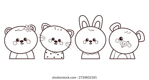 Linda página para colorear de animales de dibujos animados dibujados a mano para niños libro para colorear