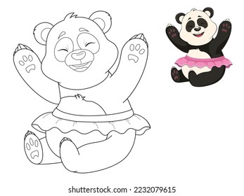 Cuta página de coloreo - panda feliz en una hermosa falda rosa. Ilustración infantil de dibujos animados.