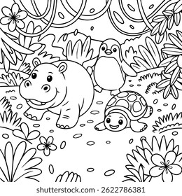 Cute coloring page with a hippo, penguin, and turtle in a jungle setting. Fun black and white vector for kids, printable activity, or animal-themed education material.