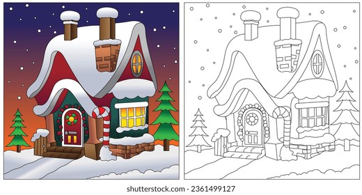 Cute coloring page of a House in the Snow.  Hours of fun for little kids.  Very easy to color.  Coloring page for kids.  Simple coloring page
