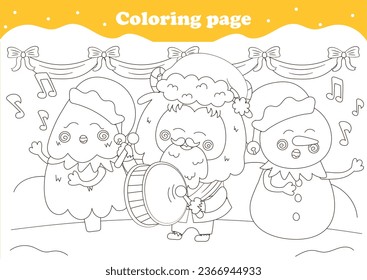 Cute coloring page with kawaii Christmas characters singing carols and playing drum, winter holidays with snowman and Yeti printable worksheet for kids, black and white background