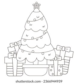 Cute coloring page with kawaii Christmas tree and gift boxes printable worksheet for kids, black and white background