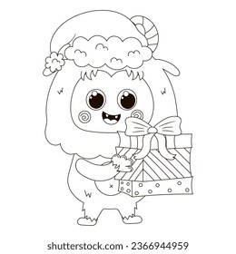 Cute coloring page with kawaii Christmas character Yeti in Santa costume holding Christmas gifts printable worksheet for kids, black and white background