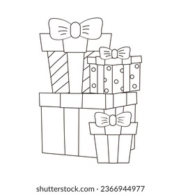 Cute coloring page with kawaii Christmas gift boxes, printable worksheet for kids, black and white winter holiday icon