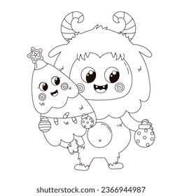 Cute coloring page with kawaii Christmas character Yeti and Christmas tree printable worksheet for kids, black and white background