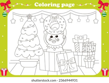Cute coloring page with kawaii snowman sitting in gift box and holding Christmas wreath, winter holidays printable worksheet for kids, black and white background
