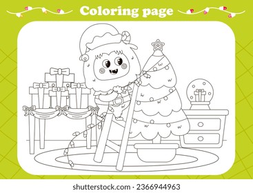Cute coloring page with kawaii Yeti or Bigfoot decorating Christmas tree with garland, winter holidays printable worksheet for kids, black and white background