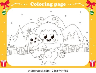 Cute coloring page with kawaii Yeti or Bigfoot holding christmas tree and ornament ball, winter holidays printable worksheet for kids, nature background