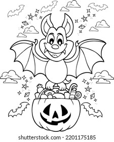 cute coloring page for kids and adult  with a pumpkin full of Halloween candy, a bat and more. you can print it on paper