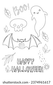 cute coloring page for kids and adult with different Halloween element, a Boo, a bat and more