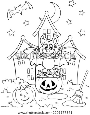 cute coloring page for kids and adult with a pumpkin full of Halloween candy, a house, a bat and more. you can print it on paper