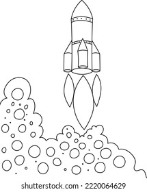 Cute coloring page for kids with cartoon rocket. Cartoon vector illustration for children isolated on white background.