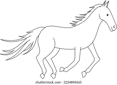 Cute coloring page for kids with cartoon running horse. Cartoon vector illustration for children isolated on white background.