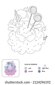 Cute coloring page for kids. Kind vector coloring by numbers with unicorn, clouds and sweets. Isolated.