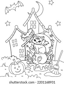 cute coloring page for kids with a pumpkin full of Halloween candy, a house, cat and skull a bat and more. you can print it on paper