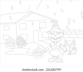 cute coloring page for kids with a pumpkin full of Halloween. Coloring book of Halloween character vector illustration.