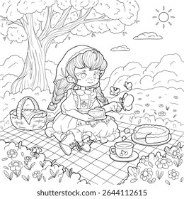 Cute coloring page of a little girl having a cherry pie picnic in the meadow. Hand-drawn vector line art with tea, cake, butterflies and spring flowers. Perfect for kids and printable books.