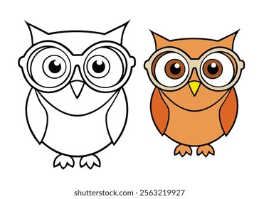 A cute coloring page of a little owl wearing oversized glasses, perched on a branch, with playful details like stars and leaves, perfect for kids and adults to enjoy.