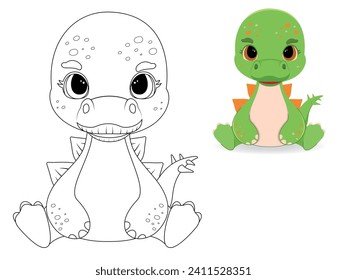 Cute coloring page - cute little stegosaurus. Teaching children, prehistoric times. Cute, vector, illustration.