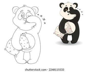 Cuta página de coloreo - panda con una almohada con corazones. Ilustración infantil de dibujos animados.